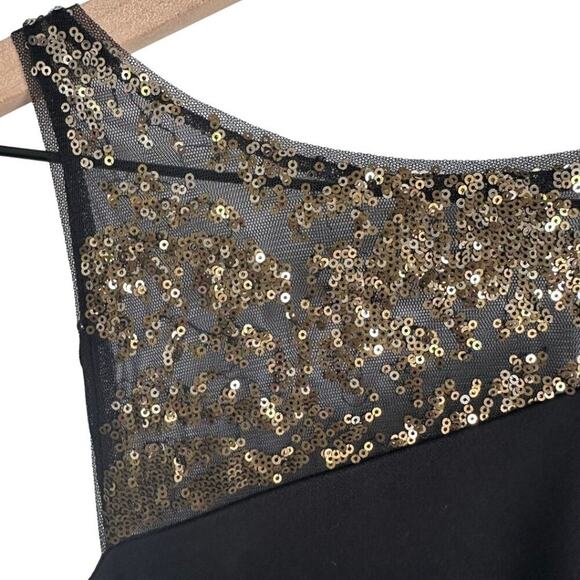 BCBG Asymmetrical Long Dress Black with Gold Sequin Detail Small - Picture 5 of 11